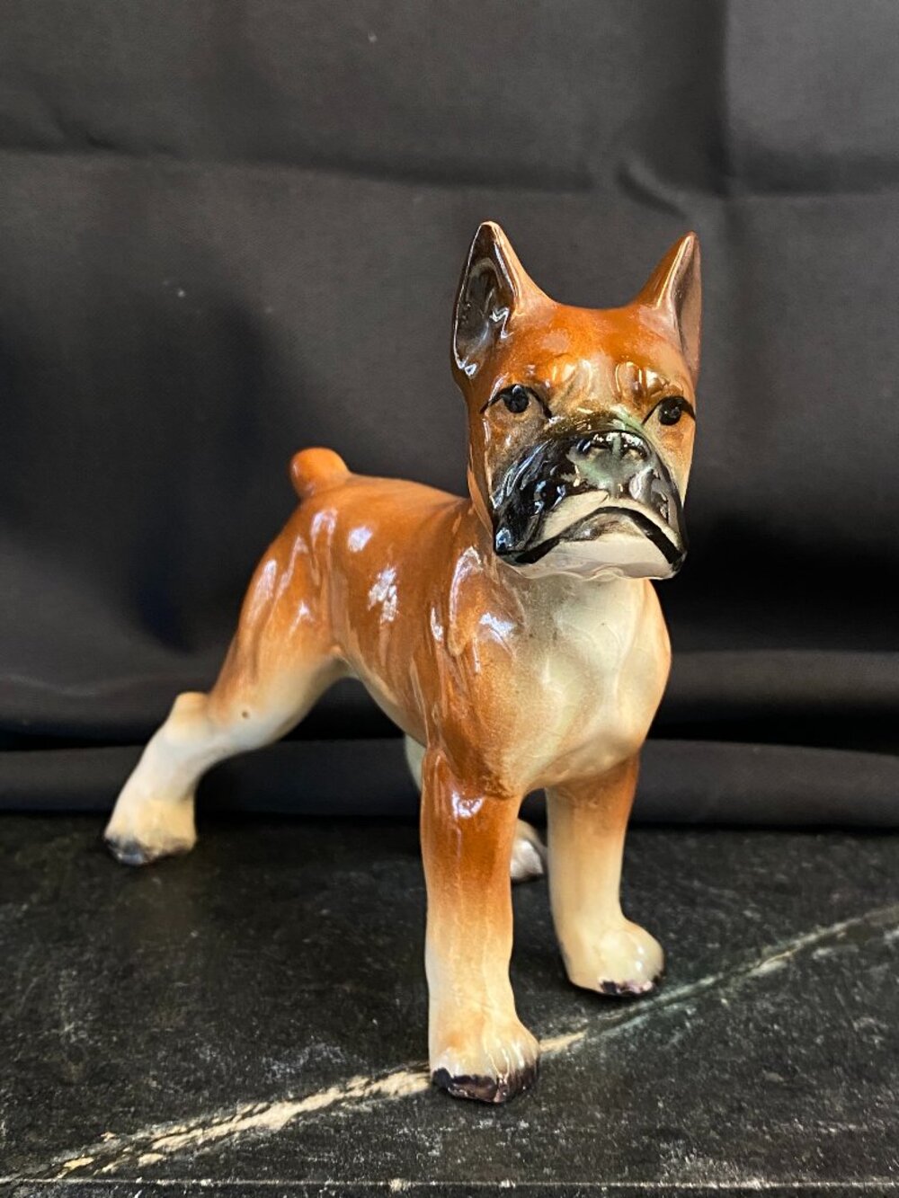Rescued! Vintage Mid-Century Porcelain Boxer Dog Figurine Made in Japan 5.75" L